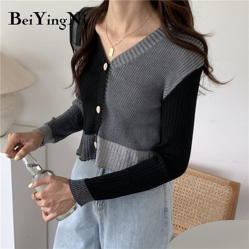 Beiyingni 2021 Autumn Winter Sexy Short Cardigan Women Sweater Single-breasted Gray Black Spell Color Long Sleeve Crop Top Girls