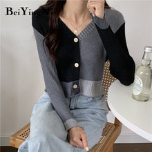Load image into Gallery viewer, Beiyingni 2021 Autumn Winter Sexy Short Cardigan Women Sweater Single-breasted Gray Black Spell Color Long Sleeve Crop Top Girls