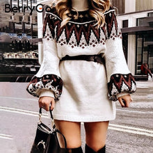 將圖片載入圖庫檢視器 BerryGo Geometric Print Knitted Women's Dress Casual Turtleneck Pullover Sweater Dress Autumn Winter Retro white vestidos