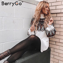 將圖片載入圖庫檢視器 BerryGo Geometric Print Knitted Women's Dress Casual Turtleneck Pullover Sweater Dress Autumn Winter Retro white vestidos