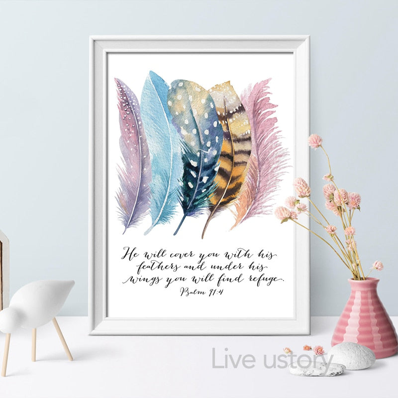 Bible Verse Psalm 91:4 Poster Canvas Art Prints , Birds Feathers Scripture Christian Quotes Canvas Painting Wall Art Home Decor