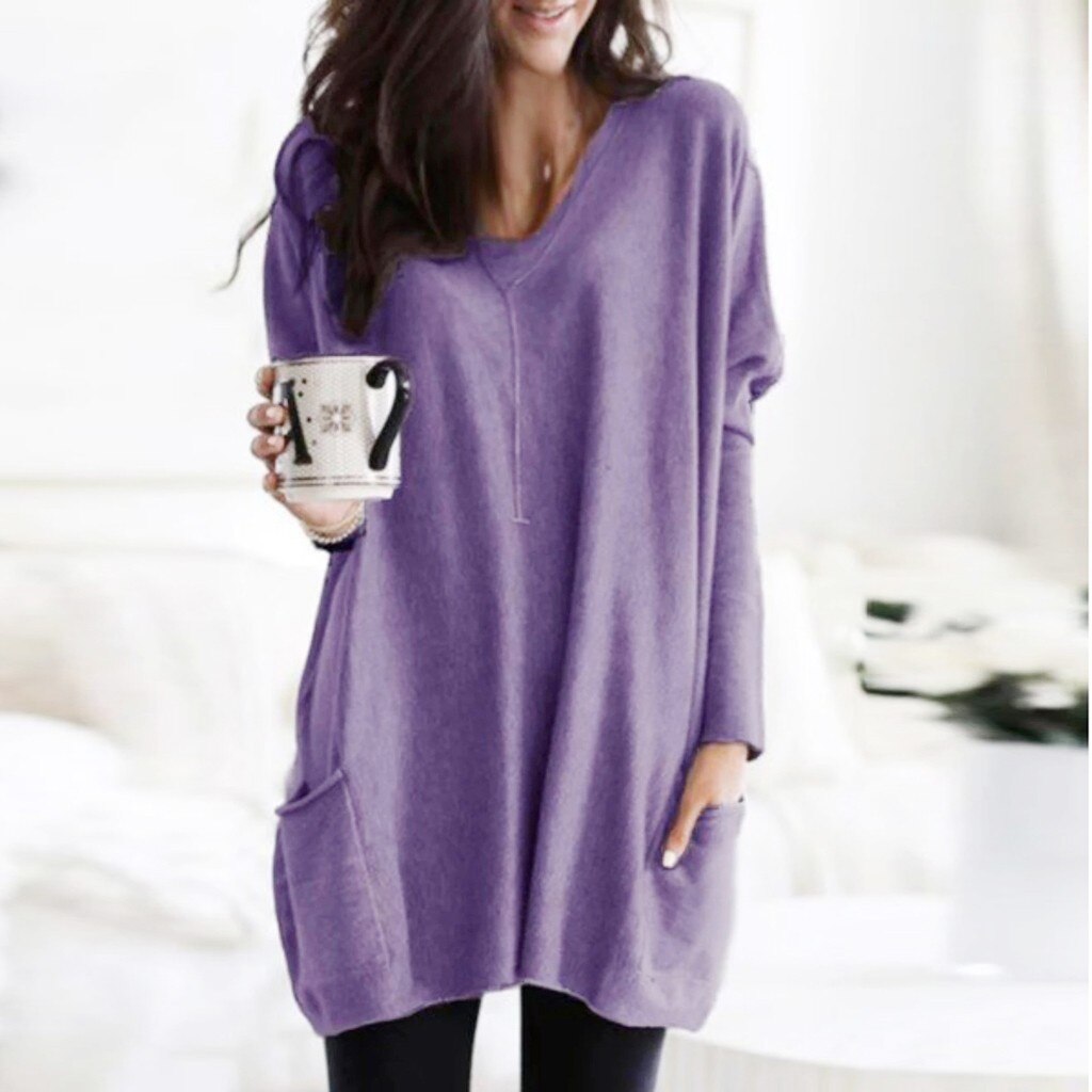 Blouse 2019 Top New Womens Solid Warm Long Sleeve V Neck Sweatshirt Loose Solid Pullover Tops Blouse For Women Haut Femme