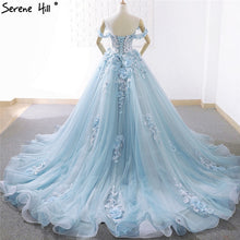 Load image into Gallery viewer, Blue Off Shoulder Handmade Flowers Wedding Dresses 2019 Sexy Sleeveless Crystal High-end Bridal Gowns Real Photo C66706
