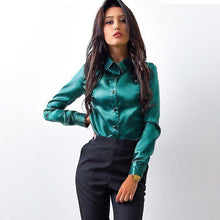 Cargar imagen en el visor de la galería, Blusa Women Blouse Elegant Wine red Green Satin Shirt Turn Down Collar Longth Sleeve Female Formal Office OL Blouse Women Tops