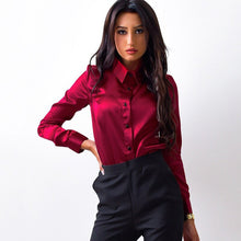 Cargar imagen en el visor de la galería, Blusa Women Blouse Elegant Wine red Green Satin Shirt Turn Down Collar Longth Sleeve Female Formal Office OL Blouse Women Tops