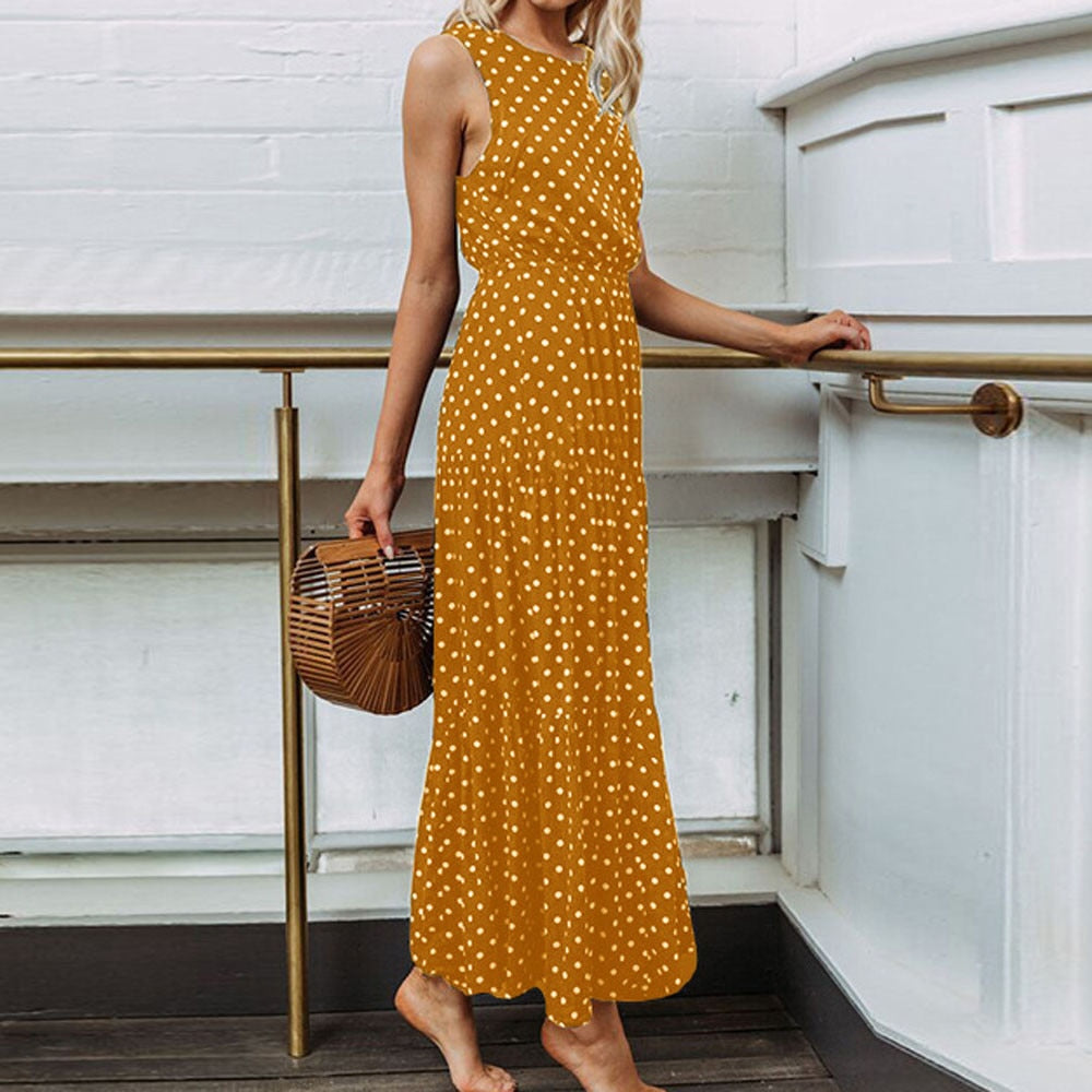 Boho Summer Dress 2019 Women Bohemian Dot Print O Neck Sleeveless Evening Party Dress Elegant Long Maxi A Line Dress vestidos