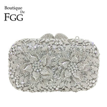 Load image into Gallery viewer, Boutique De FGG Dazzling Silver Flower Women Crystal Clutch Evening Bags Hollow Out Wedding Party Shoulder Handbag and Purse
