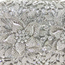 Load image into Gallery viewer, Boutique De FGG Dazzling Silver Flower Women Crystal Clutch Evening Bags Hollow Out Wedding Party Shoulder Handbag and Purse