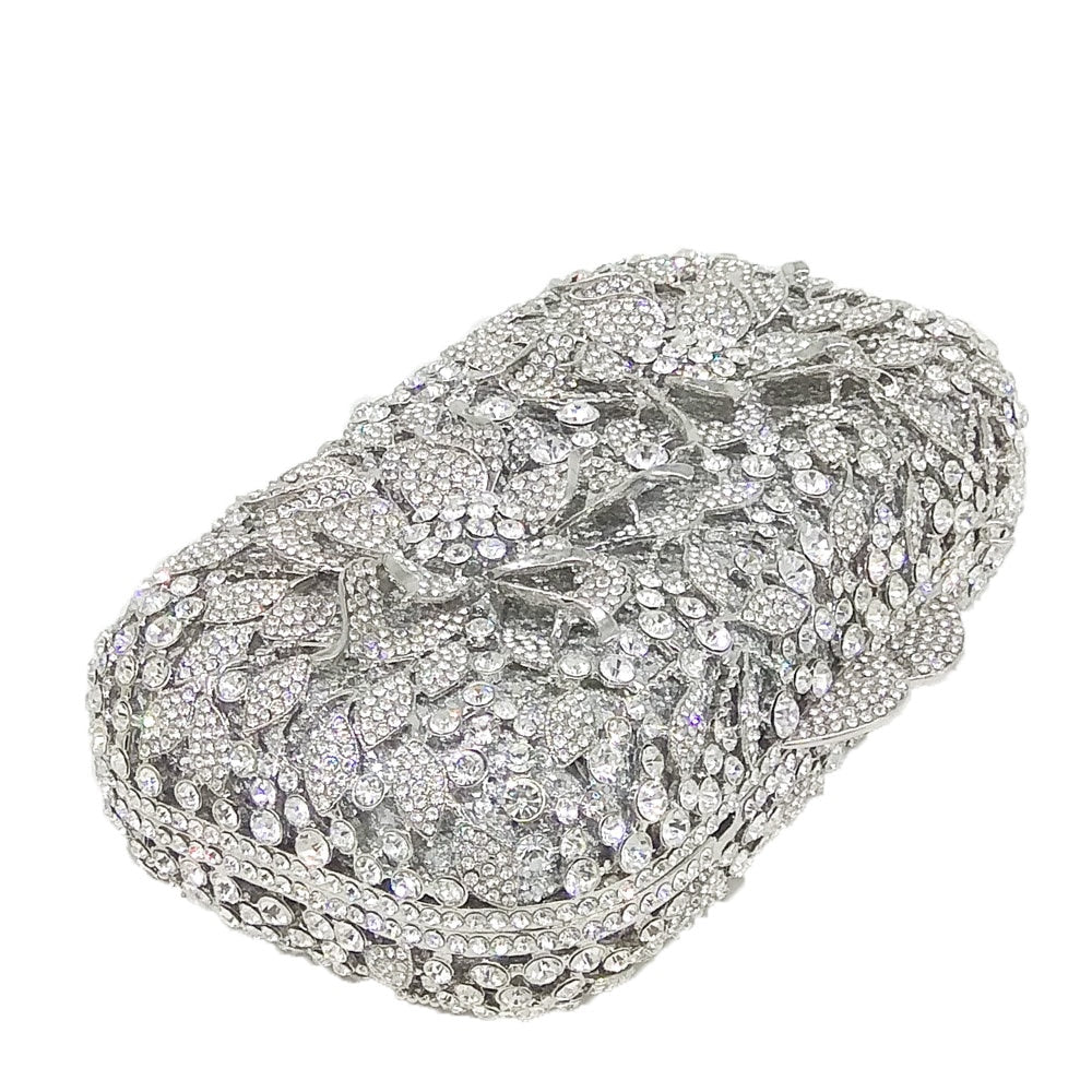 Boutique De FGG Dazzling Silver Flower Women Crystal Clutch Evening Bags Hollow Out Wedding Party Shoulder Handbag and Purse