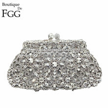 Load image into Gallery viewer, Boutique De FGG Flower Crown Minaudiere Clutch Silver Crystal Evening Handbag Women Party Prom Bag Bridal Clutches Wedding Purse