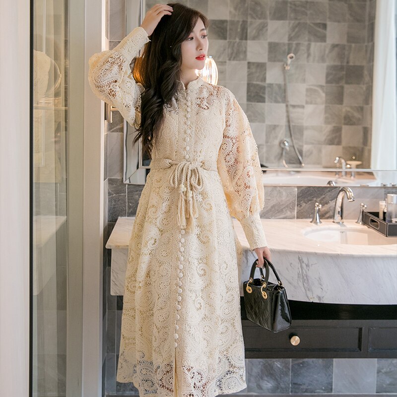 Women's Braided Belt High Waist Hollow Out Embroidered Long-sleeve Apricot vintage Maxi Fress autumn 2020 new
