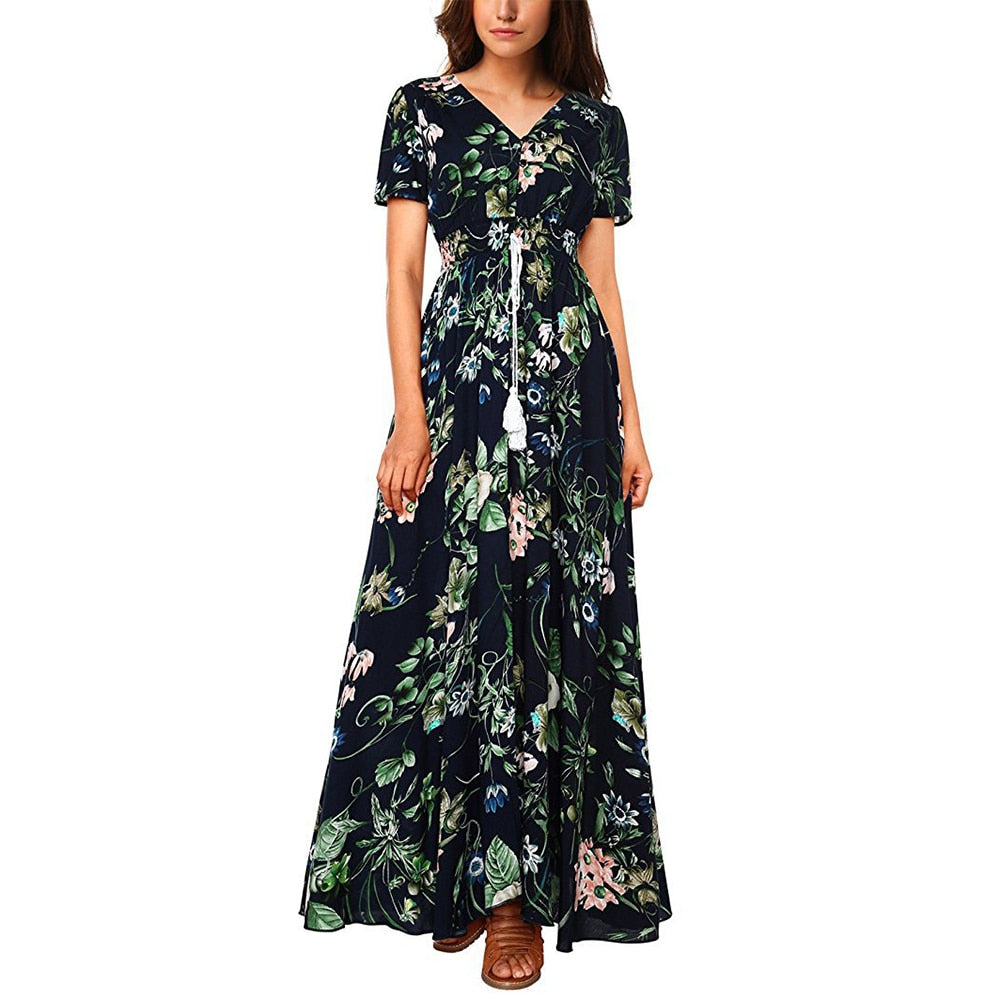 Brand Long Maxi Dress Print Plus Size Sexy Casual Summer Beach Clothes Women Vestidos Render Elegant Robe Boho Party Club Dress