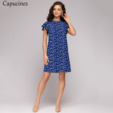 將圖片載入圖庫檢視器 Butterfly Pattern Print Straight Dress Women Short Sleeve O Neck Casual Summer Dress Layered Ruffles Sleeve Backless Mini Dress