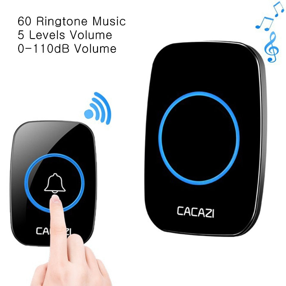 CACAZI Waterproof Wireless Doorbell 100-240V 60 Rings 5 Volume Chime 300M Remote Led Light Home Eu Us Uk Plug Black Door Bell