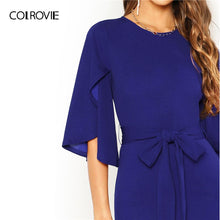 Charger l'image dans la galerie, COLROVIE Blue Split Flutter Sleeve Bow Tie Belted Pencil Elegant Dress Women 2019 Summer Half Sleeve Office Midi Ladies Dresses