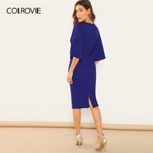 Charger l'image dans la galerie, COLROVIE Blue Split Flutter Sleeve Bow Tie Belted Pencil Elegant Dress Women 2019 Summer Half Sleeve Office Midi Ladies Dresses