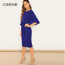 Charger l'image dans la galerie, COLROVIE Blue Split Flutter Sleeve Bow Tie Belted Pencil Elegant Dress Women 2019 Summer Half Sleeve Office Midi Ladies Dresses