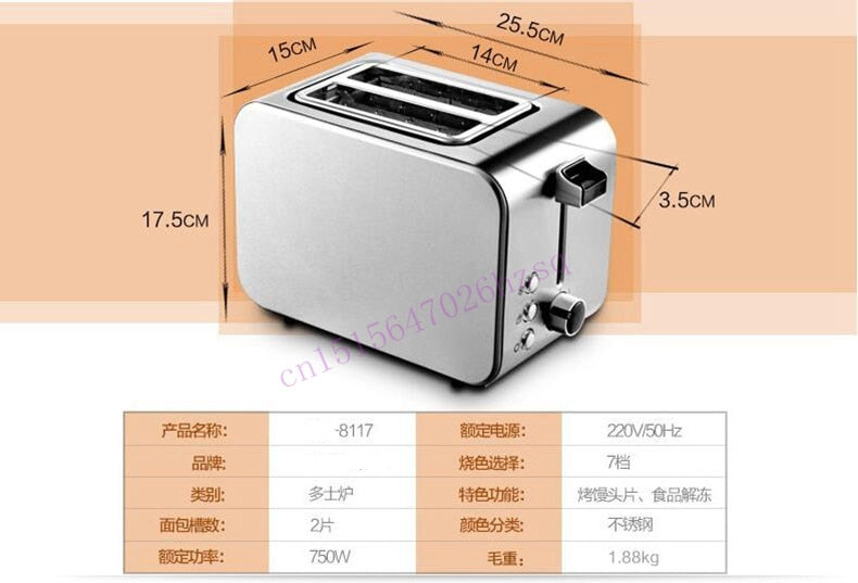 CUKYI Toaster Stainless steel household automatic 2 piece baking bread machine 3.8CM wide slot automatically power off