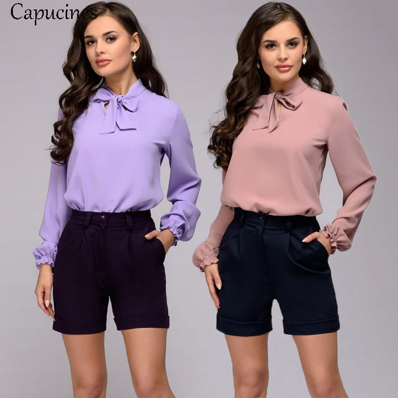 Capucines Elegant Bow Tie Women Shirt Spring Autumn Ladies Solid Long Sleeve Chiffon Shirts Casual Blouses Vintage Tops Blusas