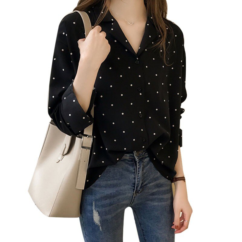 Chiffon Polka Dots Blouse Shirt Women Top Casual V Neck Long Sleeves Blouses