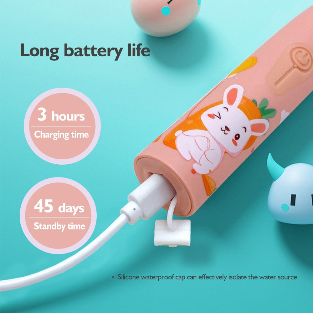 Kids Electric Toothbrush Sonic Cleaning Oral Bacteria IPX6 6 Replacement Waterproof Brush Heads 3 To 12 Years USB Smart Time