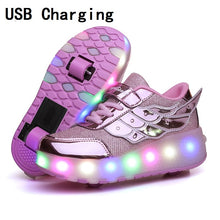 將圖片載入圖庫檢視器 Children One Two Wheels Luminous Glowing Sneakers Gold Pink Led Light Roller Skate Shoes Kids Led Shoes Boys Girls USB Charging