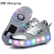 將圖片載入圖庫檢視器 Children One Two Wheels Luminous Glowing Sneakers Gold Pink Led Light Roller Skate Shoes Kids Led Shoes Boys Girls USB Charging