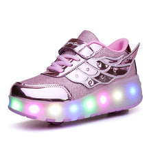 將圖片載入圖庫檢視器 Children One Two Wheels Luminous Glowing Sneakers Gold Pink Led Light Roller Skate Shoes Kids Led Shoes Boys Girls USB Charging