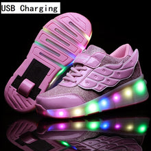 將圖片載入圖庫檢視器 Children One Two Wheels Luminous Glowing Sneakers Gold Pink Led Light Roller Skate Shoes Kids Led Shoes Boys Girls USB Charging