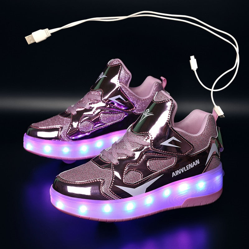 Children Two Wheels Luminous Glowing Sneakers Black Pink Red Led Light Roller Skate Shoes Kids Led Shoes Boys Girls USB Charging