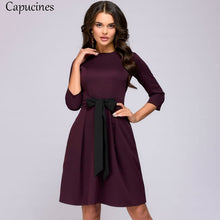 Load image into Gallery viewer, Colorblock Bow Sashes Slim A-Line Dress Women 2019 Spring Autumn Casual O-Neck 3/4 Sleeves Dress Sexy Club Party Mini Dresses