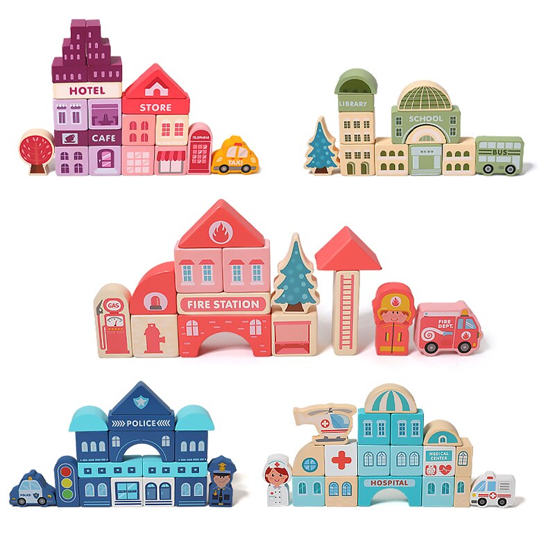 Colourful Wooden Toys City Traffic Scenes Geometric Shape Assembled Building Blocks 100 Pcs Early Educational Toys For Kids