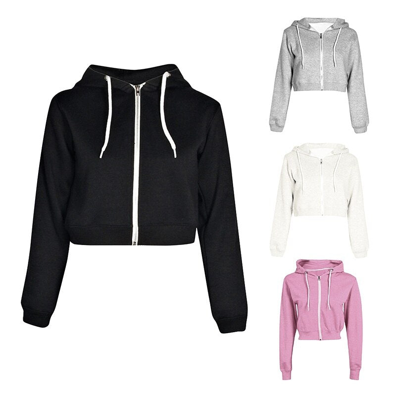Crop Top Hoodies Women Long Sleeve Sweatshirts Drawstring Zip Up Fashion Hoodie Streetwear Black White Grey Pink Hoodie Female Zipper Crop Hoodie Sweater