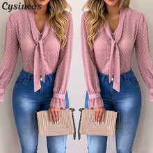将图片加载到图库查看器,Cysincos Chiffon Blouses Women 2020 Summer Fashion Long Sleeve V-neck Pink Shirt Office Blouse Slim Casual Tops Female Plus Size