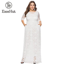 將圖片載入圖庫檢視器 EaseHut Elegant Women Crochet Lace Maxi Long Dress O-neck 3/4 Sleeve Side Pocket Prom Party Dress White 6XL Plus Size Dresses