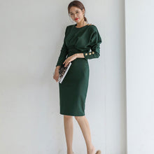 Charger l'image dans la galerie, Eleagnt Solid Slim Waist Women's Dress Long Sleeve O-neck Female Pencil Dress Office Ladies Mid-length Vestidos 2020