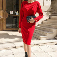 Charger l'image dans la galerie, Eleagnt Solid Slim Waist Women's Dress Long Sleeve O-neck Female Pencil Dress Office Ladies Mid-length Vestidos 2020