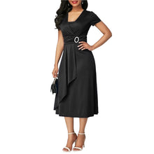 將圖片載入圖庫檢視器 Elegant Asymmetric Midi Dress Women Autumn Summer Solid Casual Short Sleeve V-Neck Dress Plus Size High Waist S-5XL