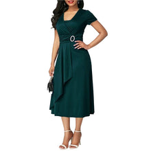 將圖片載入圖庫檢視器 Elegant Asymmetric Midi Dress Women Autumn Summer Solid Casual Short Sleeve V-Neck Dress Plus Size High Waist S-5XL