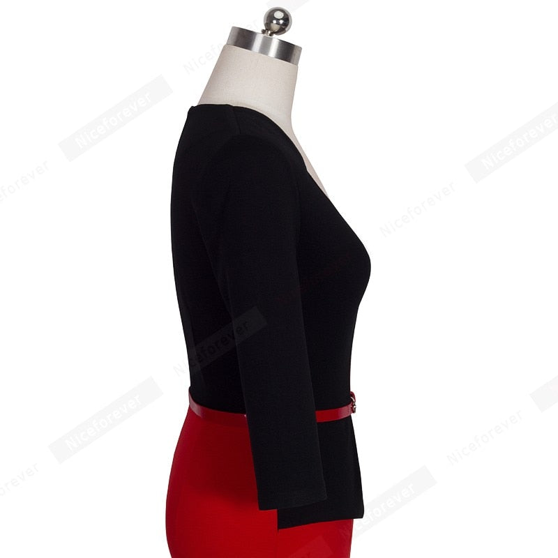 Elegant One Piece Patchwork Lady Business Office Dress Casual Wear To Work Belted Women Formal Bodycon Pencil Dress HB328