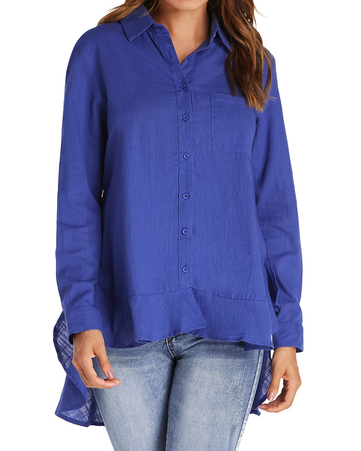 Elegant Ruffles Blouses Shirts Women 2019 Spring Autumn Sexy Ladies V Neck Long Sleeve Asymmetrical Hem Solid Shirts Pockets