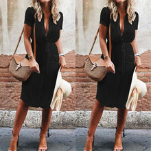 將圖片載入圖庫檢視器 Elegant Short Sleeve Shirt Dress 2019 Summer Solid Single breasted Beach Dresses Women Casual Adjusted Waist Mini Party Vestido