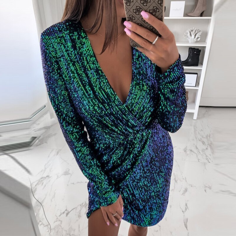 Elsvios Deep V Neck Sequin Dress Elegant Women Sliver Glitter Bodycon Party Dress Autumn Long Sleeve Nightclub Mini Dresses