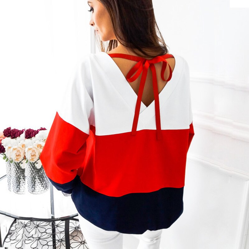 Elsvios Women's Patchwork Sweater Autumn Winter Long Sleeve Sweatshirt Casual Femme O Neck Pullover Tops Streetwear XXL