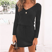 將圖片載入圖庫檢視器 FSDA V Neck Women Sashes Long Sleeve Casual Dress Pink Black Gray Slit Mini Autumn Winter Knitted 2019 Warm Short Dresses