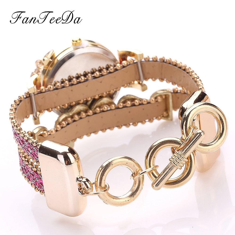 FanTeeDa Top Brand Women's Bracelet Watches Ladies Love Leather Strap Rhinestone Quartz Wrist Watch Luxury Fashion Quartz Watch