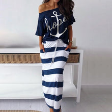 將圖片載入圖庫檢視器 Women's Off Shoulder Two Piece Sets dress Boat Anchor Hope Print Shirts Striped dress Sets Lady Casual Ankle-Length dress