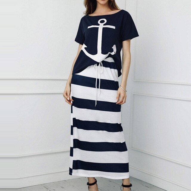 Women's Off Shoulder Two Piece Sets dress Boat Anchor Hope Print Shirts Striped dress Sets Lady Casual Ankle-Length dress