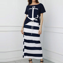 將圖片載入圖庫檢視器 Women's Off Shoulder Two Piece Sets dress Boat Anchor Hope Print Shirts Striped dress Sets Lady Casual Ankle-Length dress