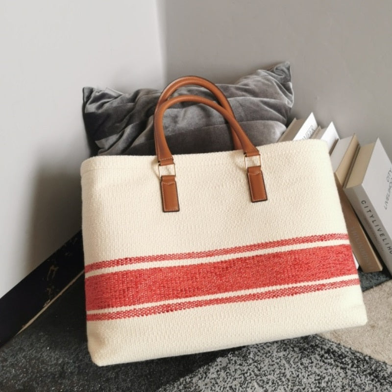 Fashion 2021 New Women's Canvas Weave Letter Embroidery Printed Splices Ornaments Handbag Female Shopping Beach Tote Bags Purses